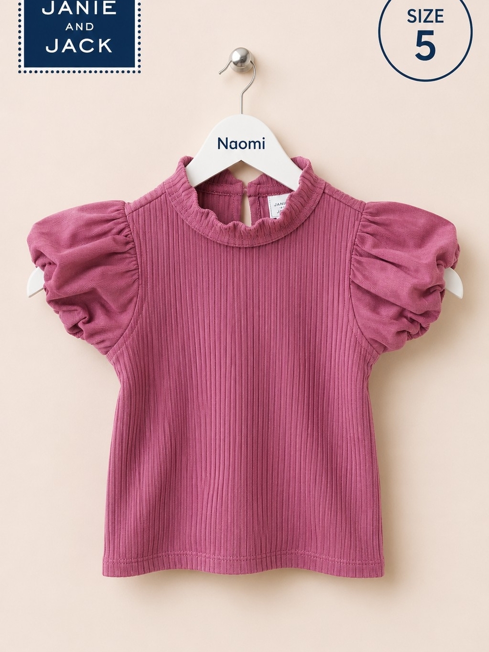 Janie and Jack Dusty Rose Ribbed Puff-Sleeve Top